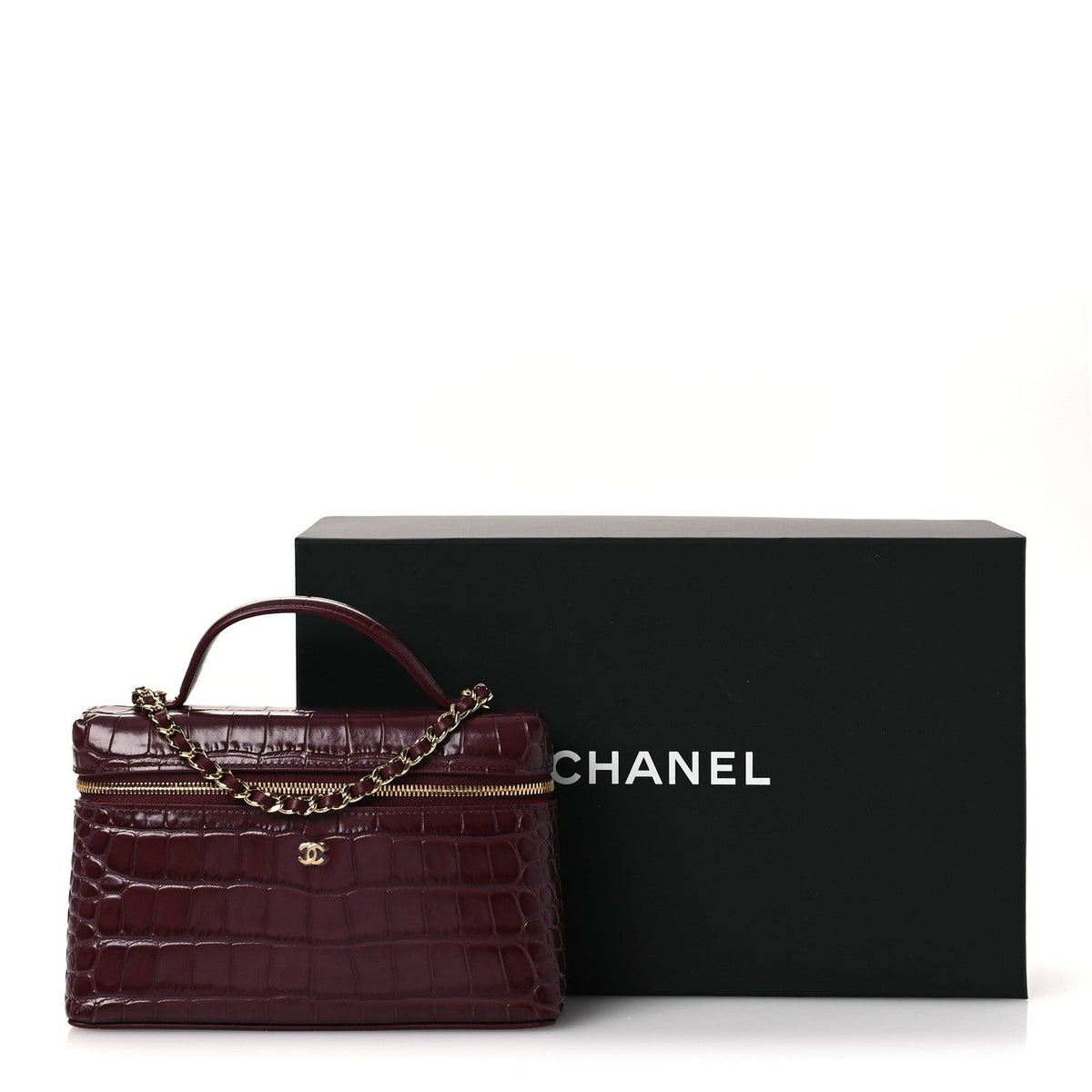 Calfskin Crocodile Embossed Crococo Exoticoco Vanity With Chain Dark Burgundy