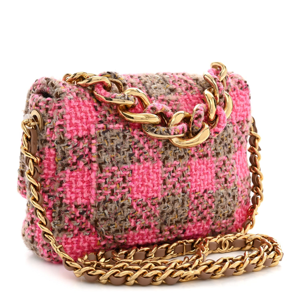 Wool Tweed Quilted Small Elegant Chain Flap Pink Brown