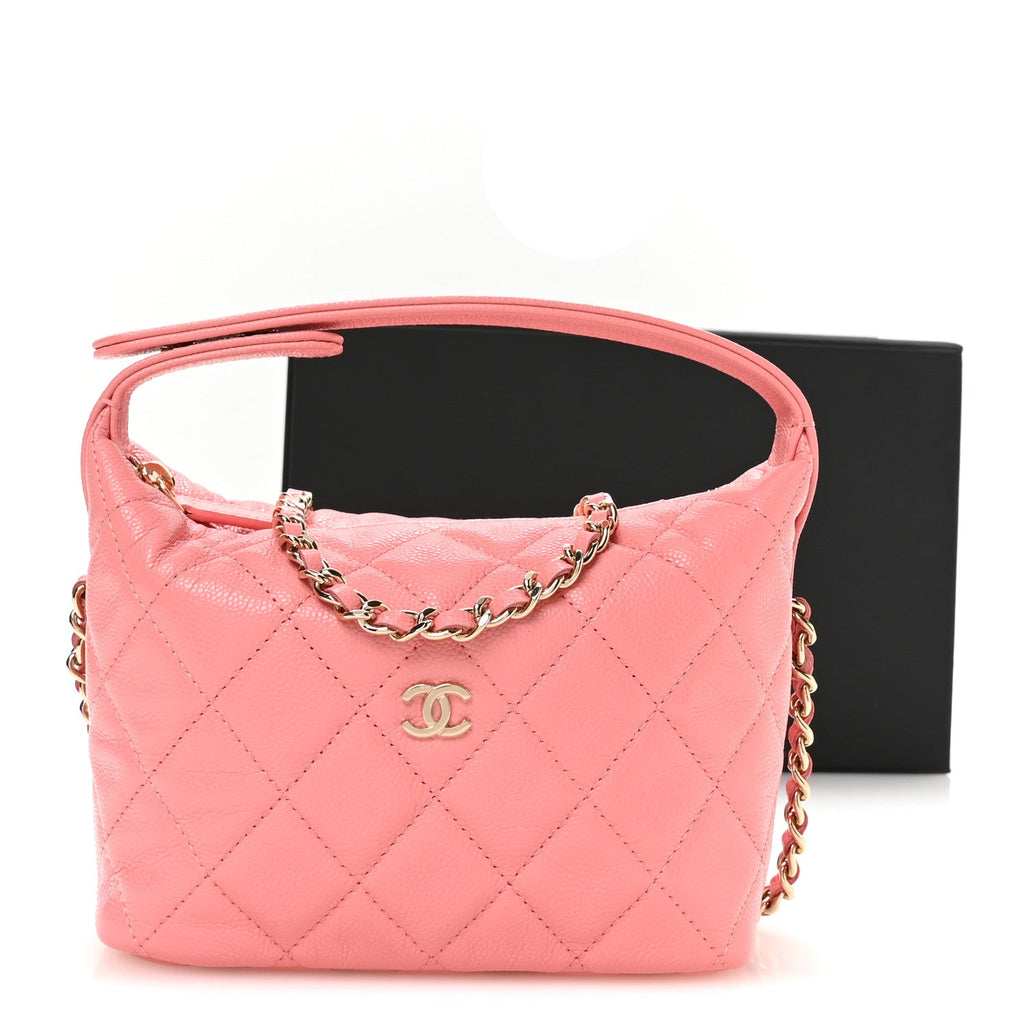 Caviar Quilted Hobo Clutch With Chain Pink