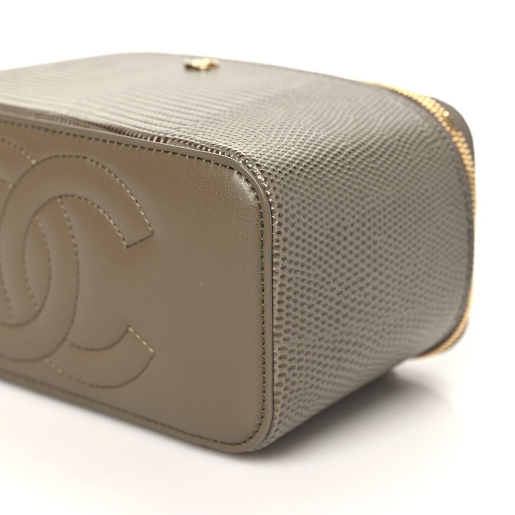 Calfskin Lizard Embossed Top Handle Vanity With Chain  Dark Khaki