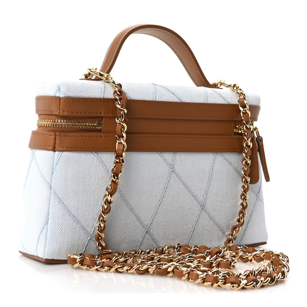 Washed Denim Calfskin Quilted Top Handle Slim Vanity Case With Chain Blue Brown