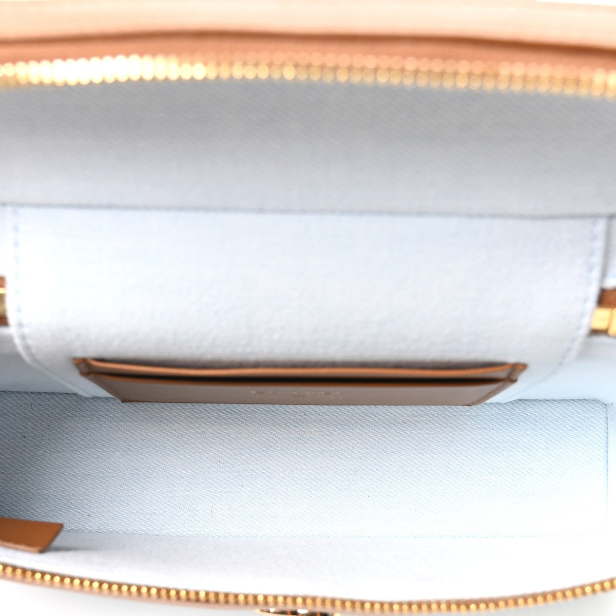 Washed Denim Calfskin Quilted Top Handle Slim Vanity Case With Chain Blue Brown