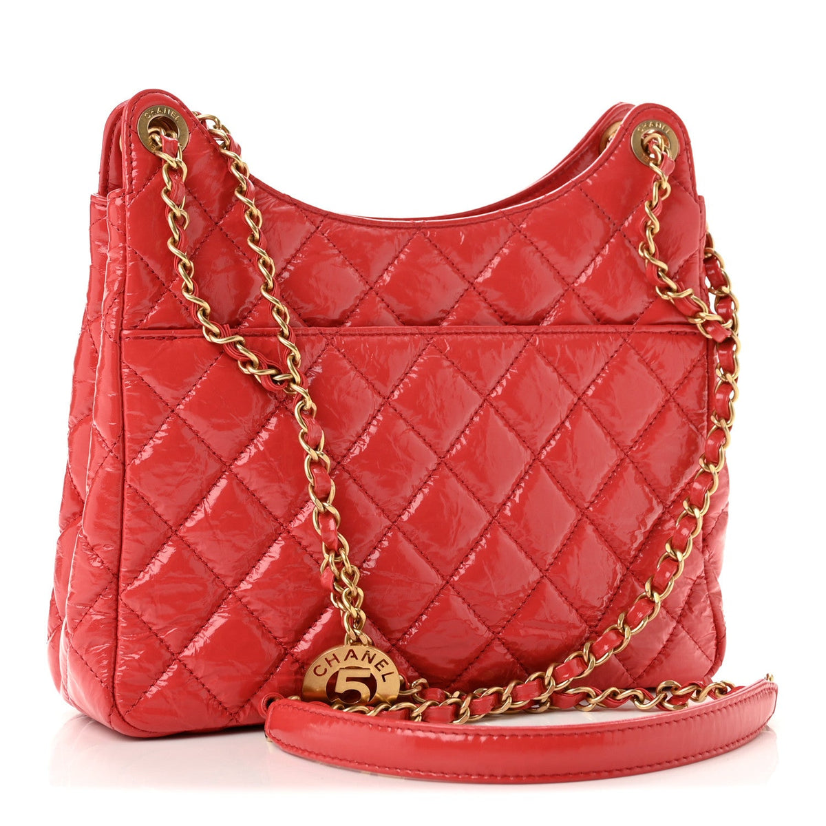Shiny Crumpled Calfskin Quilted Wavy CC Hobo Red
