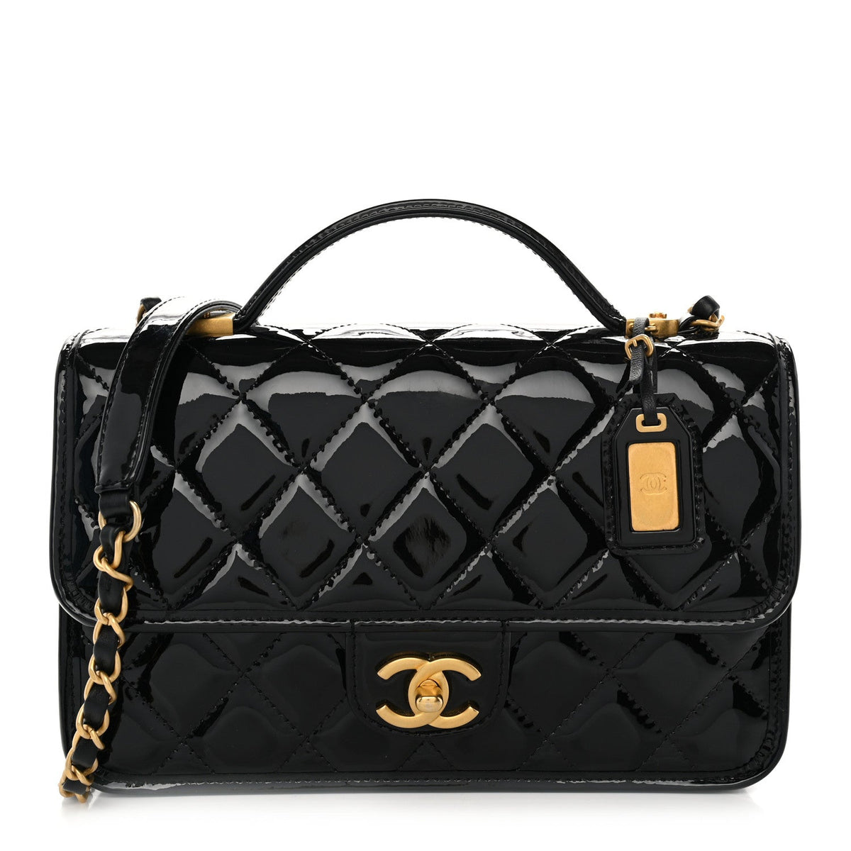 Patent Quilted Small School Memory Top Handle Flap Black