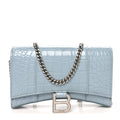 Shiny Calfskin Crocodile Embossed Hourglass Chain Bag Blue Grey