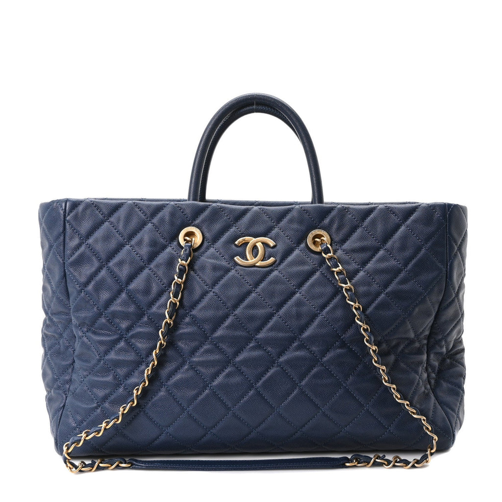 Caviar Quilted Large Coco Handle Shopping Tote Navy
