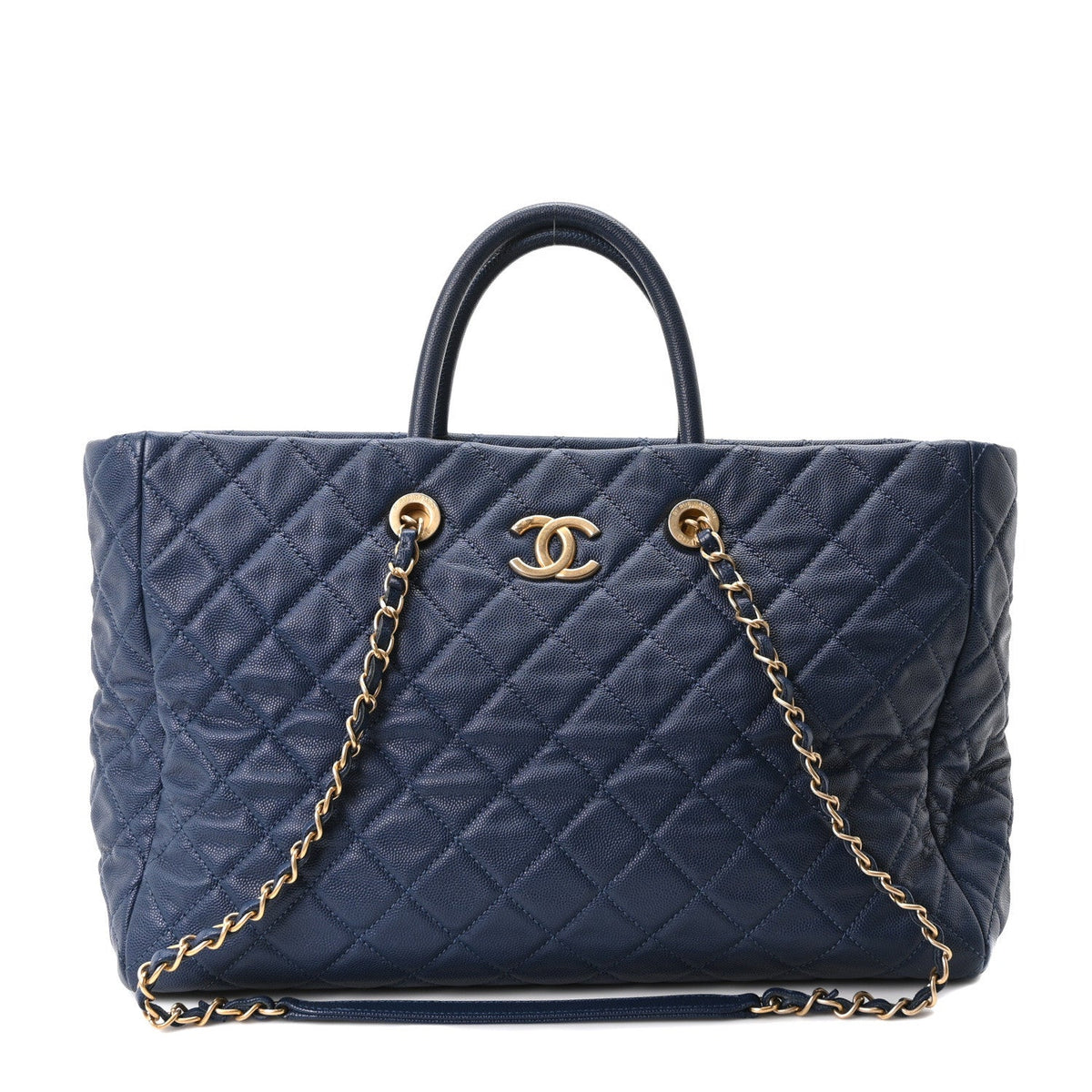 Caviar Quilted Large Coco Handle Shopping Tote Navy