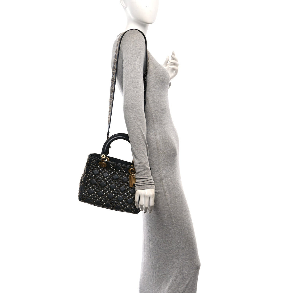 Calfskin Cannage Studded Medium Supple Lady Dior Black