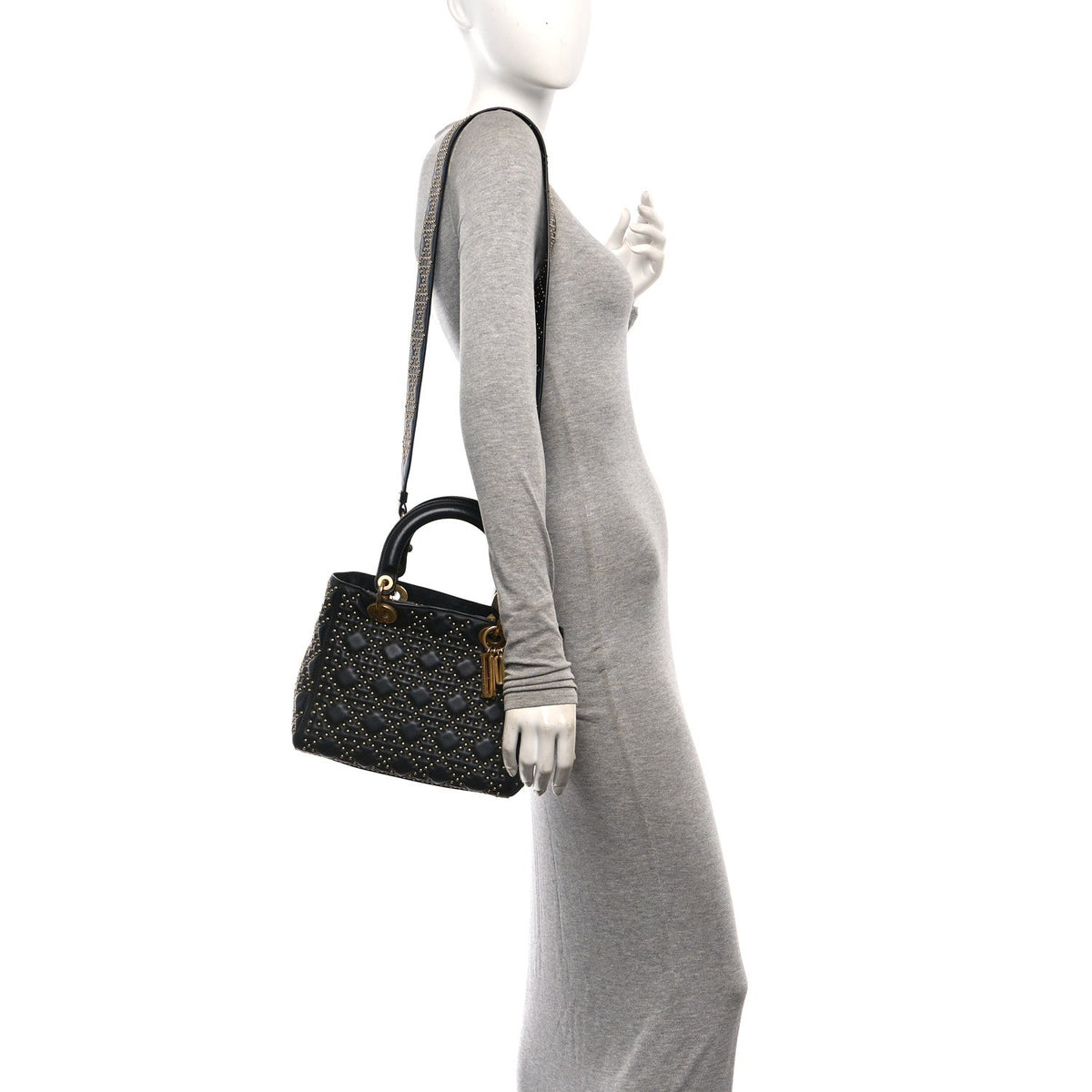 Calfskin Cannage Studded Medium Supple Lady Dior Black