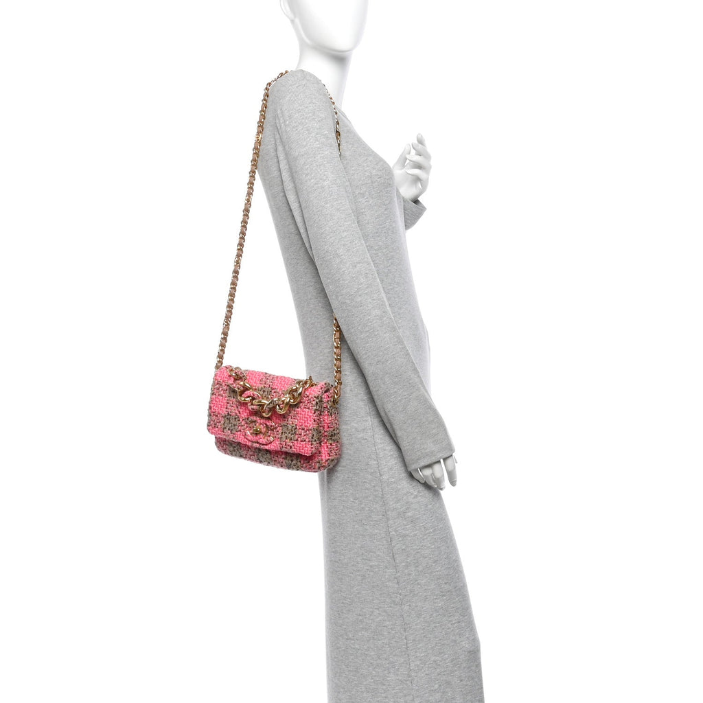 Wool Tweed Quilted Small Elegant Chain Flap Pink Brown
