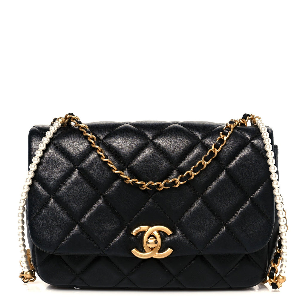 Lambskin Quilted Pearl Medallion Flap Black