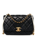 Lambskin Quilted Pearl Medallion Flap Black
